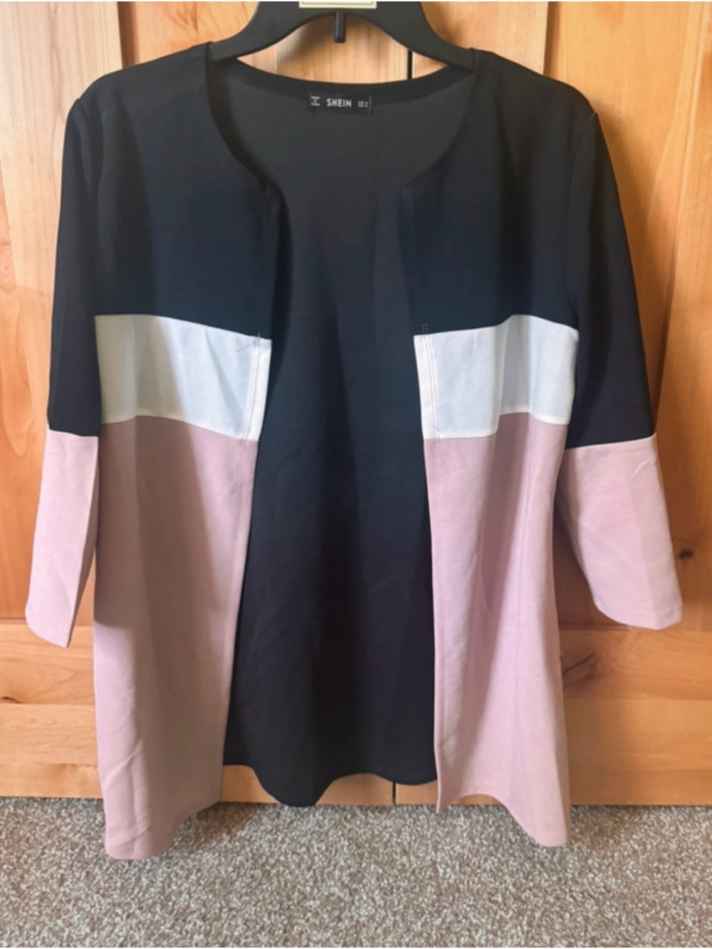 Colorblock Open Front Women's Top - Black, White & Blush Pink